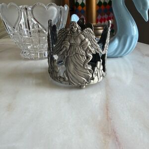 Vintage Angel Pewter Tone Metal Candle Sleeve Jar Holder Celestial Decor